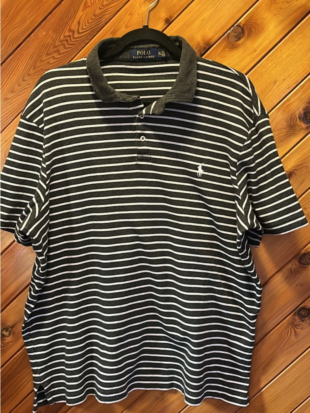 Ralph Lauren Black & White Striped Polo Shirt with Contrast Collar